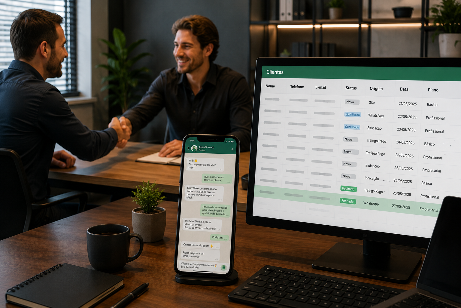Empreendedor fechando negocio com cliente enquanto o agente de IA atende um cliente no WhatsApp e atualiza a planilha de relacoes.