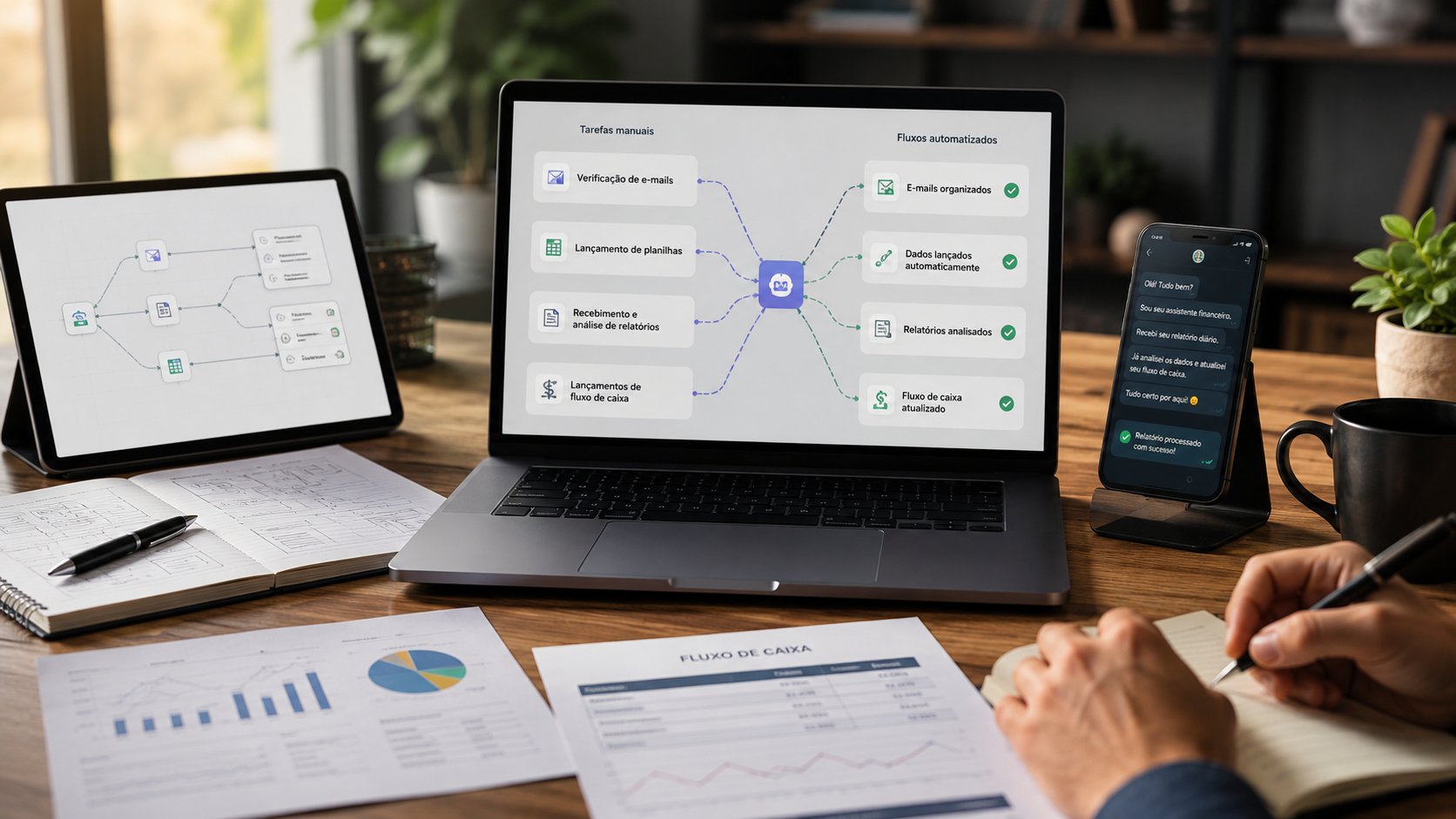 IA de automacao gerenciando tarefas manuais como lancamento em planilhas, verificacao de email, analise de relatorio e atendimento.