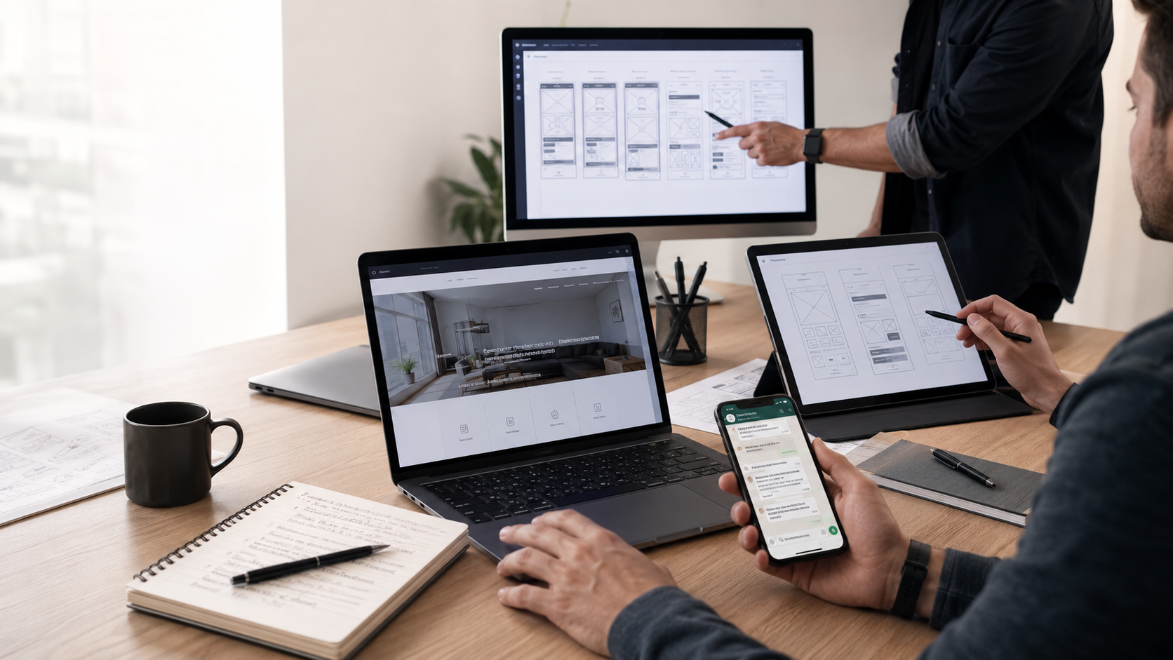 Equipe de desenvolvedores mostrando resultado final de site em uma tela e apontado os elementos de design em outras duas telas.
